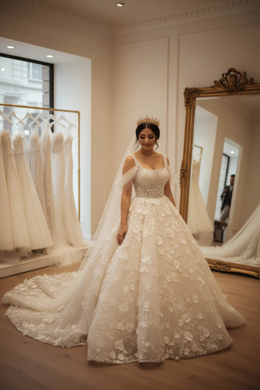 G21-030 Wit Ivoor Prinses Kant Bruidsjurk — Full Front View