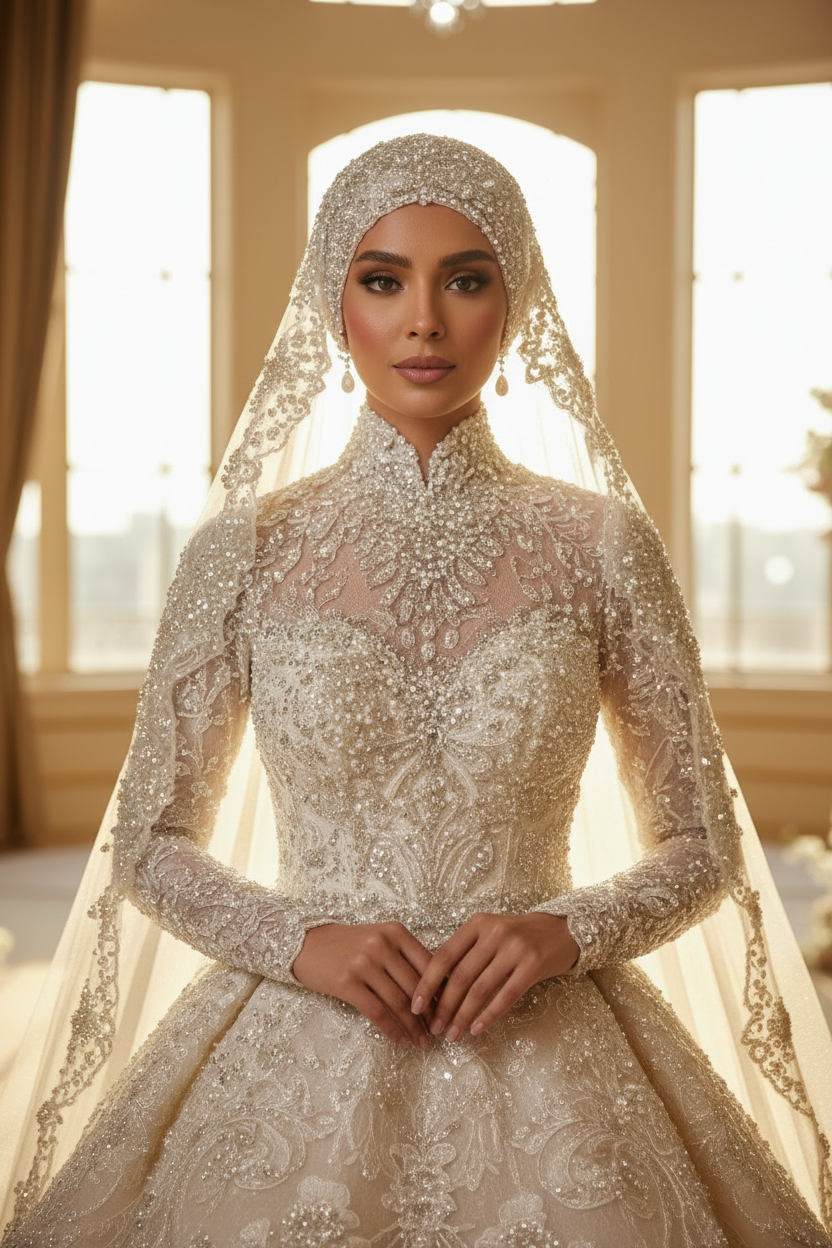 G21-008 Royal Bedekt Couture Bruidsjurk — Kristal Embroidery Upper Bodice Detail