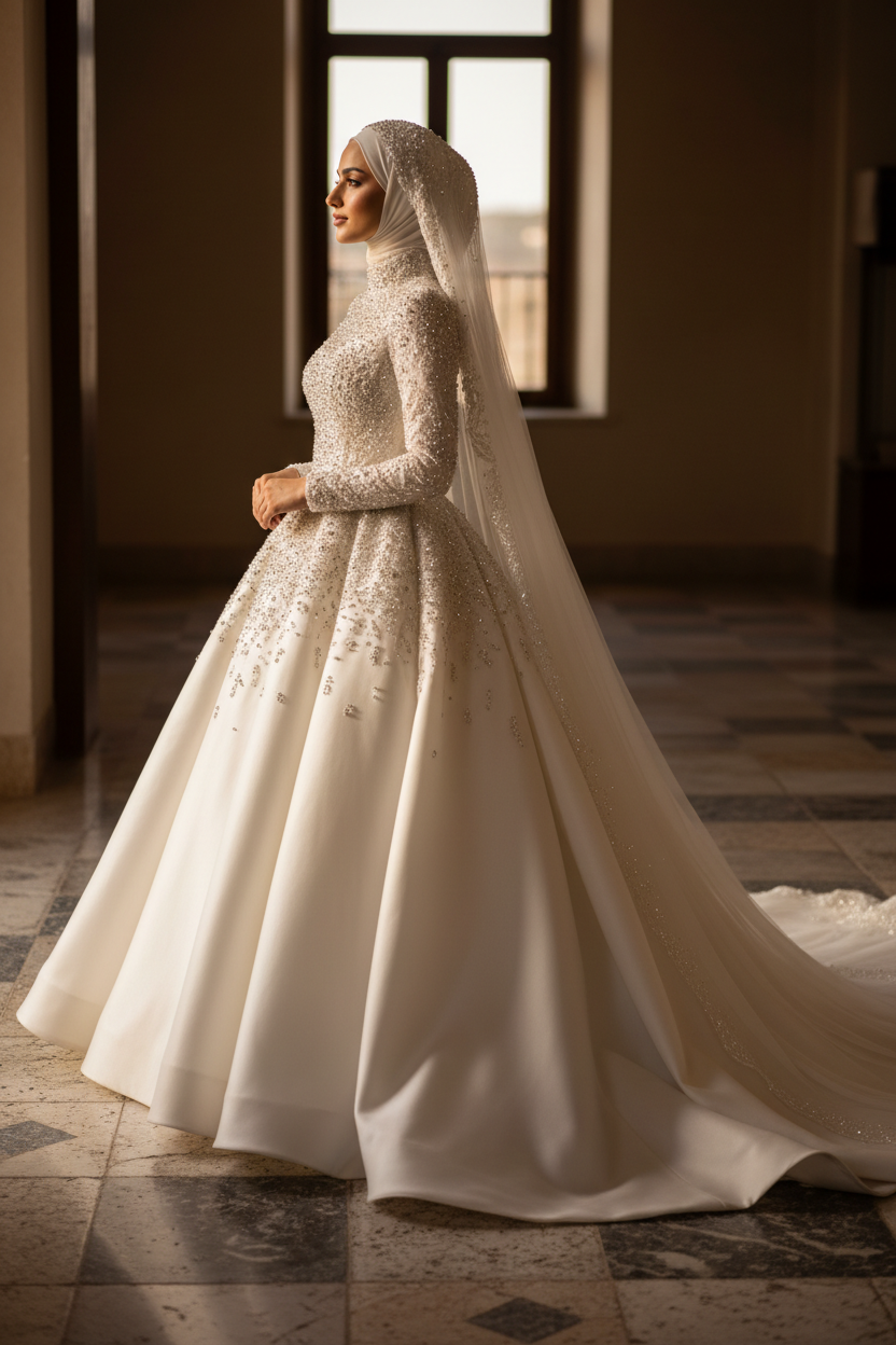 G21-016 Bedekt Couture Prinsessenjurk — Side Profile met Hijab